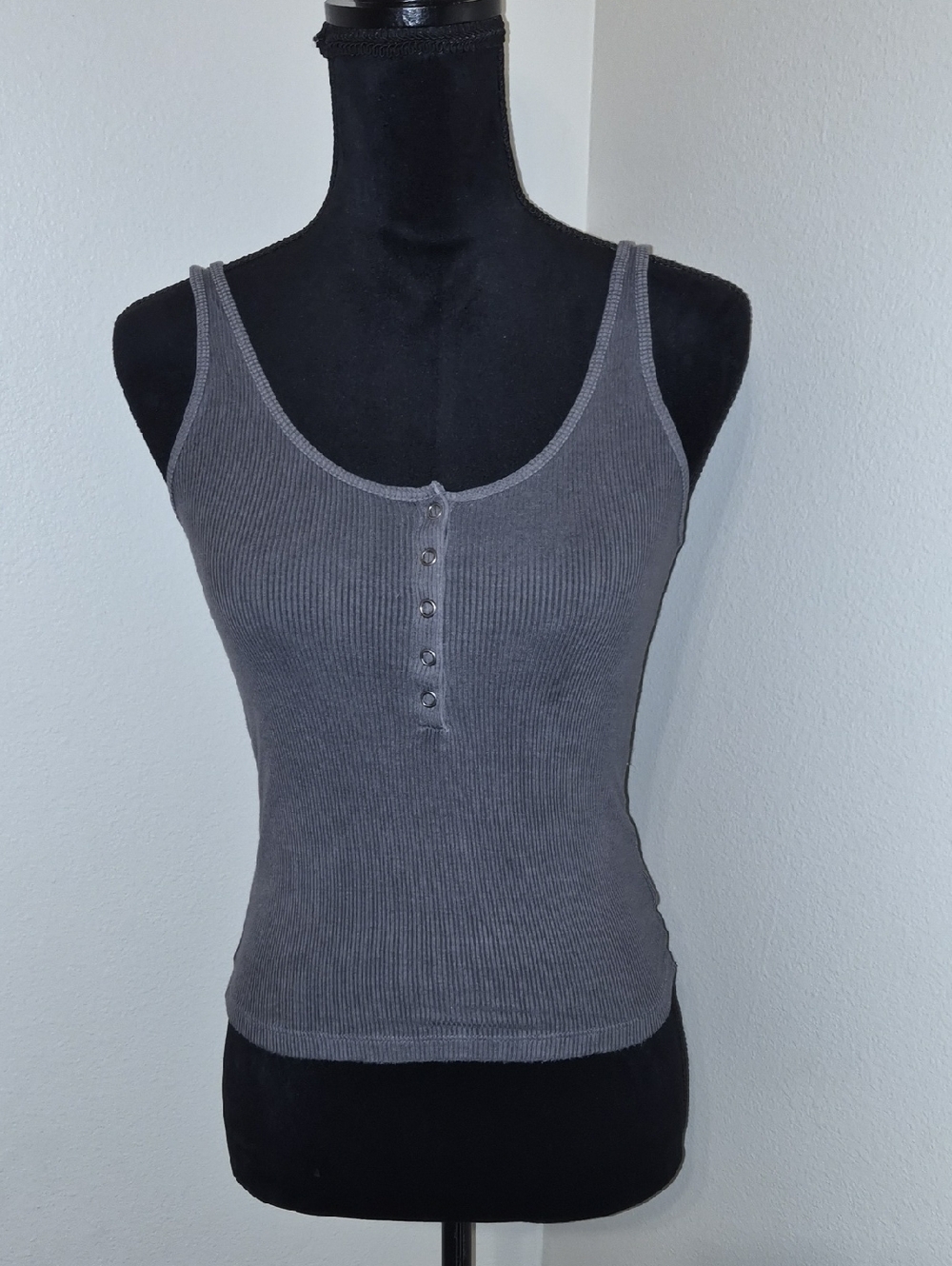 American Eagle Outfitters Ribbed Henley Tank Top - Charcoal